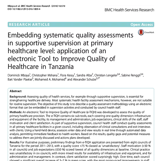 Cover of the article regarding embedding systematic quality assessments in supportive supervision.