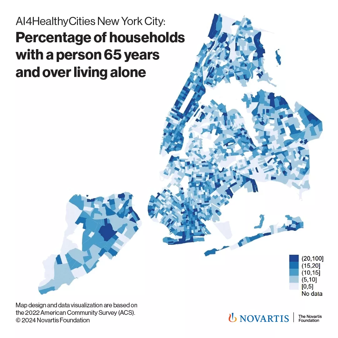 map of New York City shows the prevalence of households with a person 65 years and over living alone